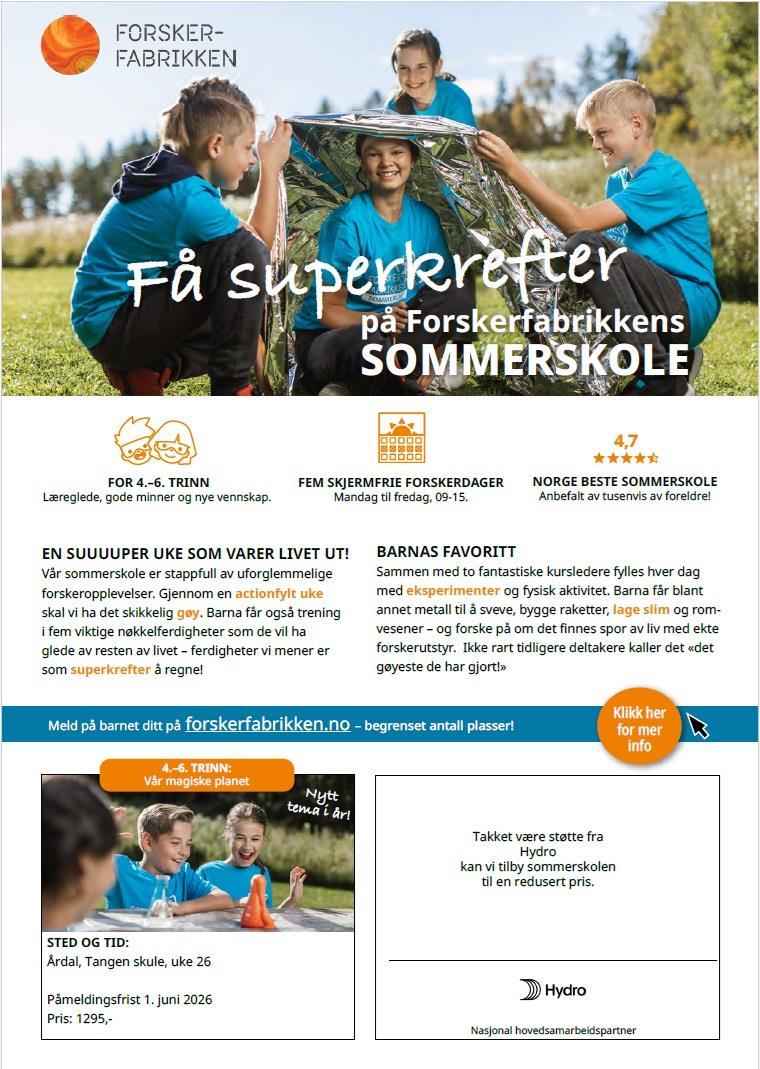 Plakat om sommarskulen 2026 - Forskarfabrikken - Klikk for stort bilete